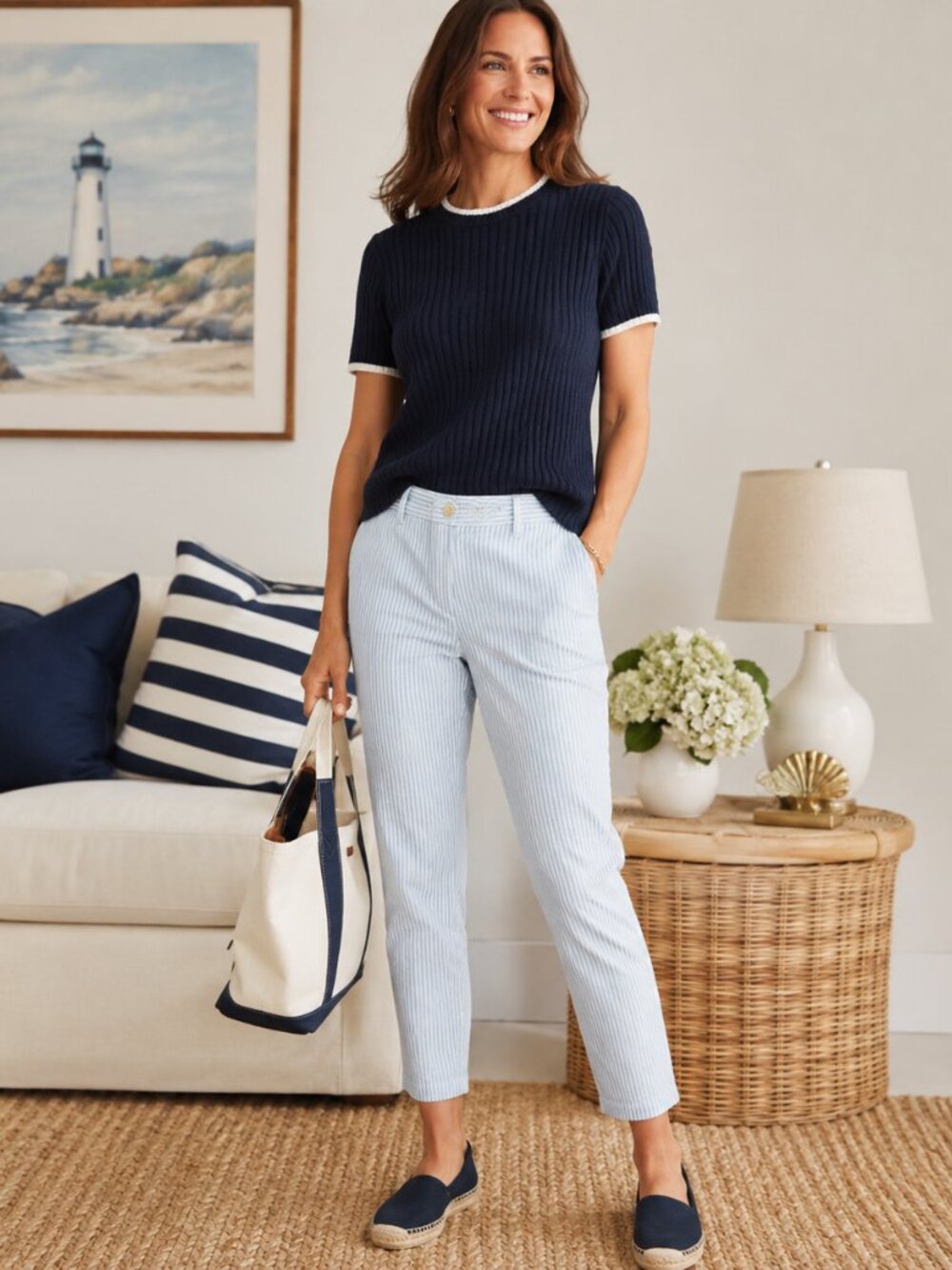 Talbots Perfect Crop Pants Size 4 Blue White Pinstripe Ankle Stretch Preppy